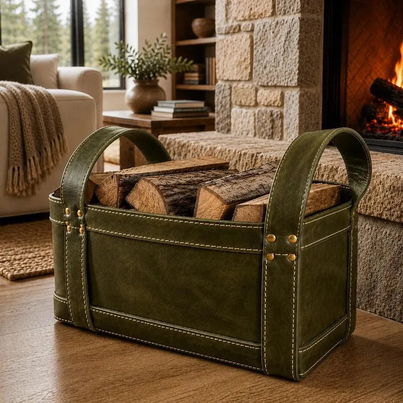 Rustic Faux Leather Firewood Basket with Dual Handles