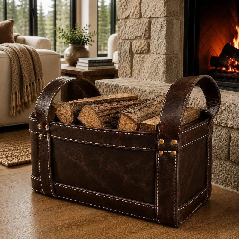Rustic Faux Leather Firewood Basket with Dual Handles