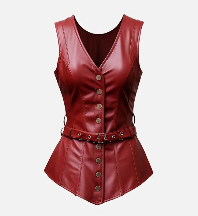 Women's V-Neck Faux Leather Corset Vest with Belt and Button-Down Front