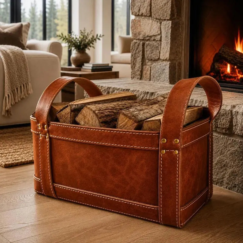 Rustic Faux Leather Firewood Basket with Dual Handles