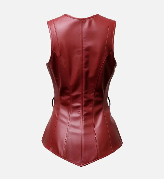 Women's V-Neck Faux Leather Corset Vest with Belt and Button-Down Front