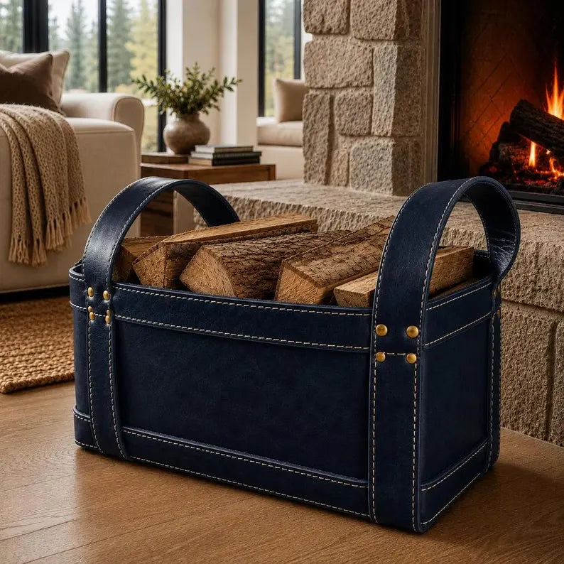Rustic Faux Leather Firewood Basket with Dual Handles