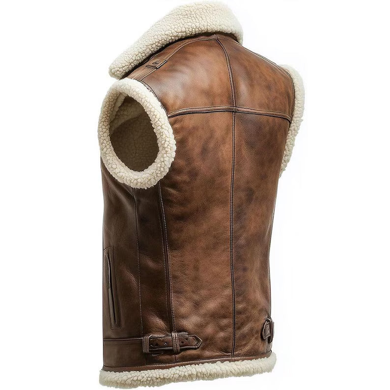 Men's Vintage Distressed Brown Leather Shearling Vest – Western Winter Fur-Lined Outerwear