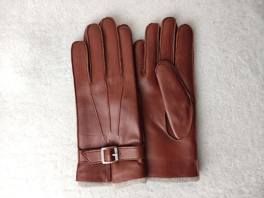 Women's Genuine Leather Winter Gloves with Strap & Buckle Detail, Cashmere-Blend Knit Cuff, and Size Options