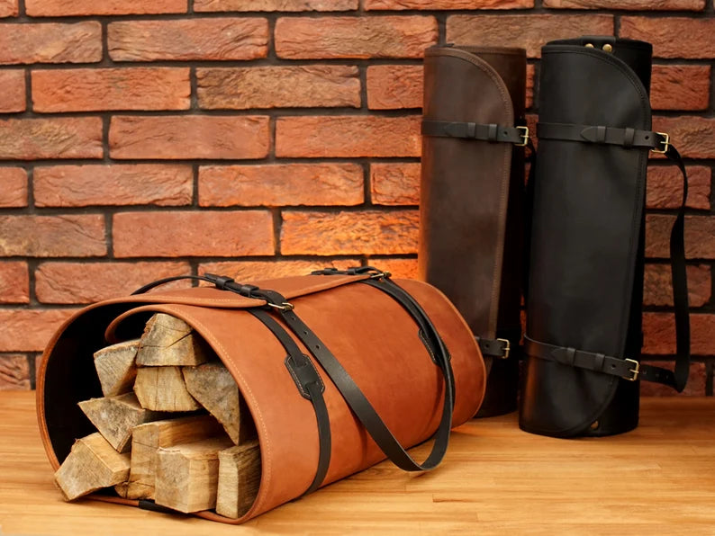 Handcrafted Genuine Leather Firewood Carrier & Log Tote Bag