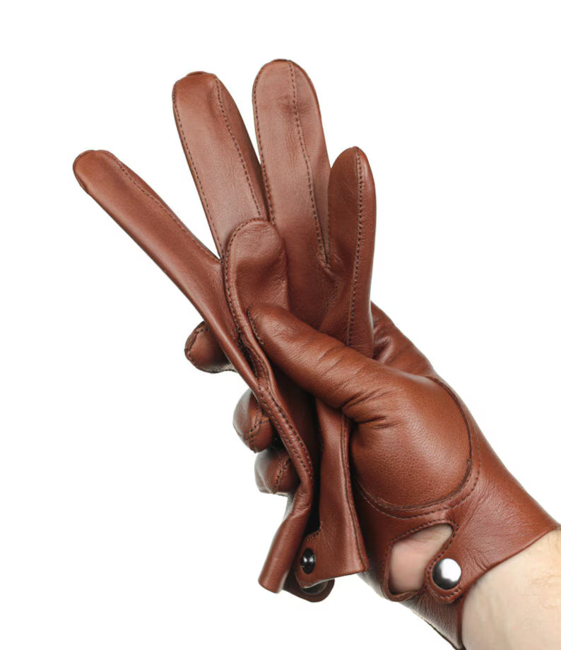 Men's Classic Brown Leather Driving Gloves with Snap Closure