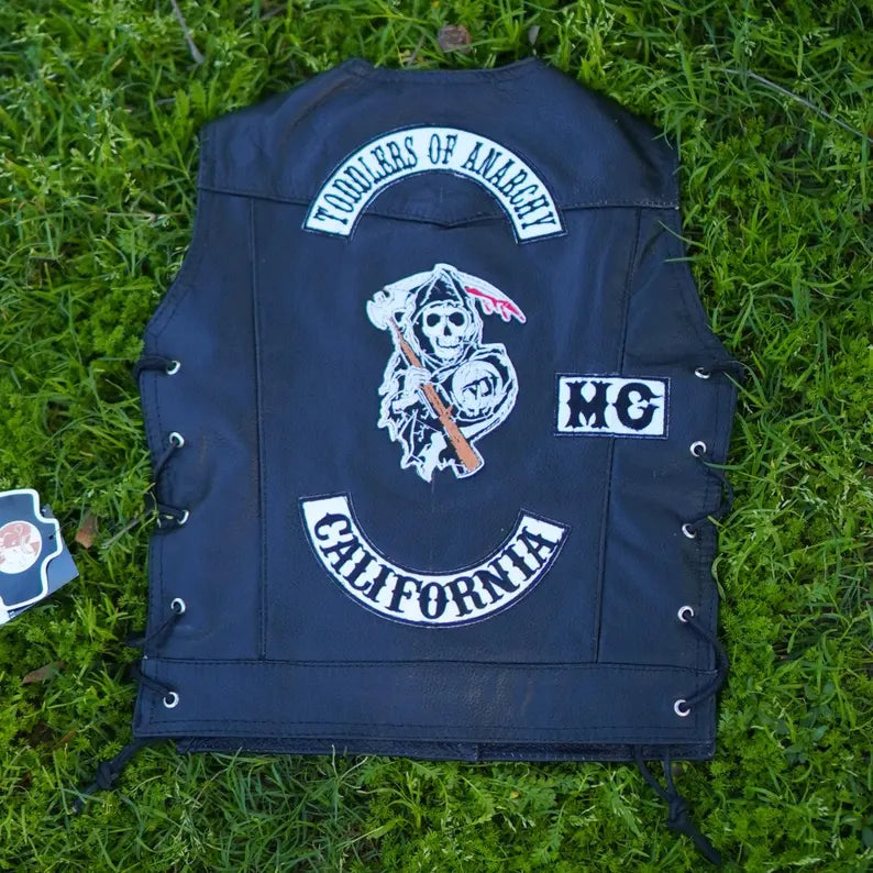 Genuine Leather Biker Vest for Kids – "Toddlers of Anarchy" California Club Cut Vest with Custom Patches