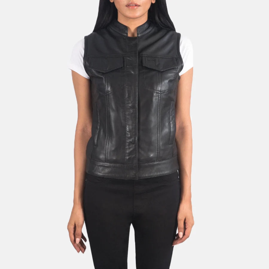 Women's Classic Black Leather Biker Vest with Snap-Tab Collar and Chest Pockets