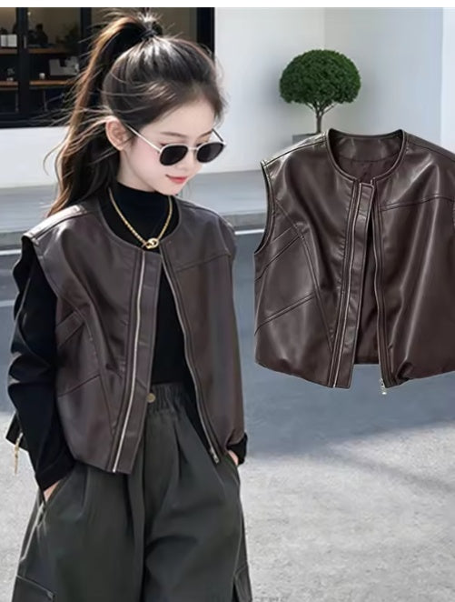 Girls Chic Faux Leather Zip-Up Vest – Trendy Fall & Winter Outerwear