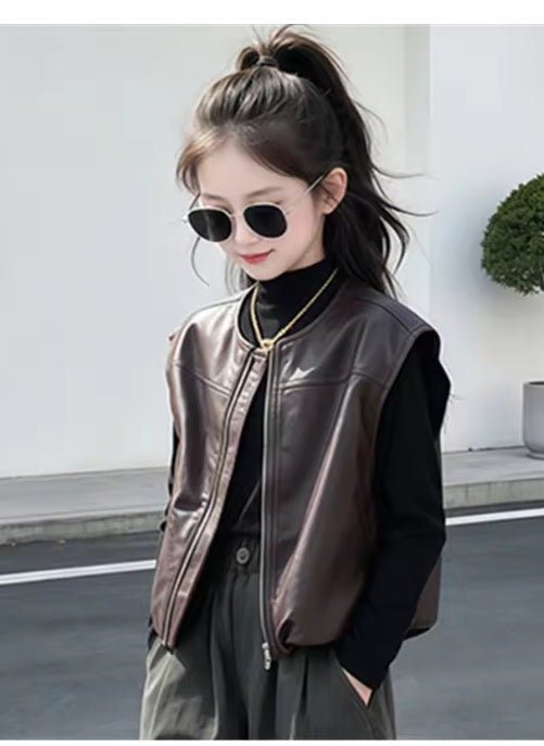 Girls Chic Faux Leather Zip-Up Vest – Trendy Fall & Winter Outerwear