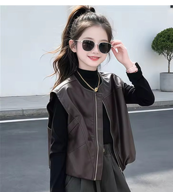 Girls Chic Faux Leather Zip-Up Vest – Trendy Fall & Winter Outerwear