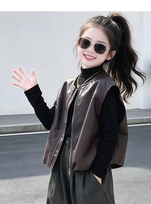 Girls Chic Faux Leather Zip-Up Vest – Trendy Fall & Winter Outerwear