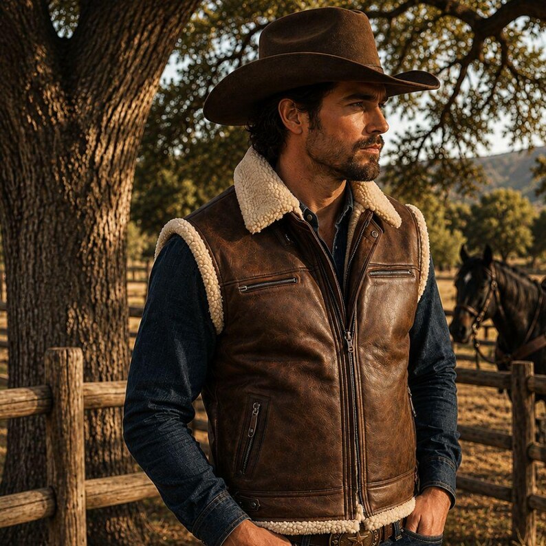 Men's Vintage Distressed Brown Leather Shearling Vest – Western Winter Fur-Lined Outerwear
