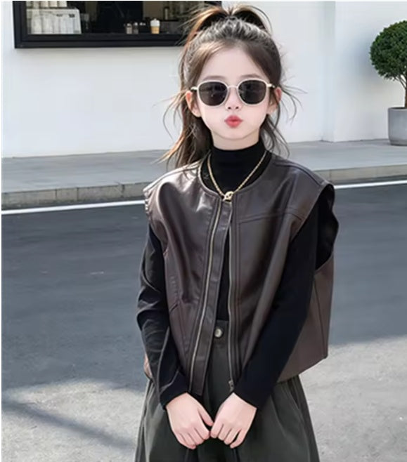 Girls Chic Faux Leather Zip-Up Vest – Trendy Fall & Winter Outerwear