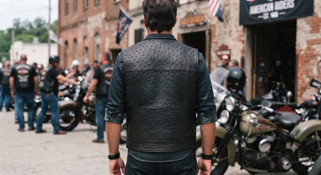 Men's Genuine Black Ostrich Leather Motorcycle Vest with American Flag Patch