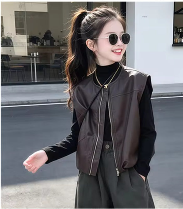 Girls Chic Faux Leather Zip-Up Vest – Trendy Fall & Winter Outerwear