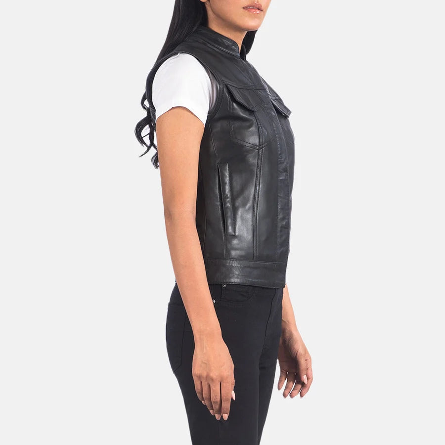 Women's Classic Black Leather Biker Vest with Snap-Tab Collar and Chest Pockets