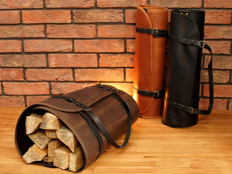 Handcrafted Genuine Leather Firewood Carrier & Log Tote Bag