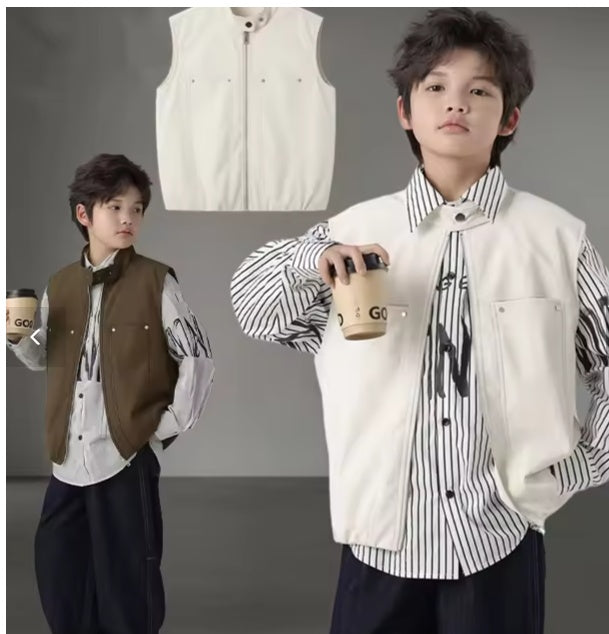 Boys' Casual Stand-Collar Zip-Up Faux Leather Vest – Layered Outwear Gilet