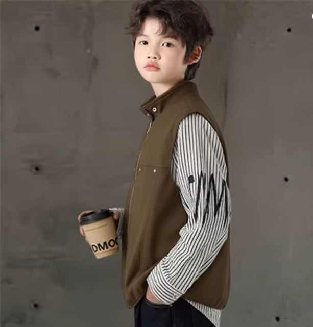 Boys' Casual Stand-Collar Zip-Up Faux Leather Vest – Layered Outwear Gilet