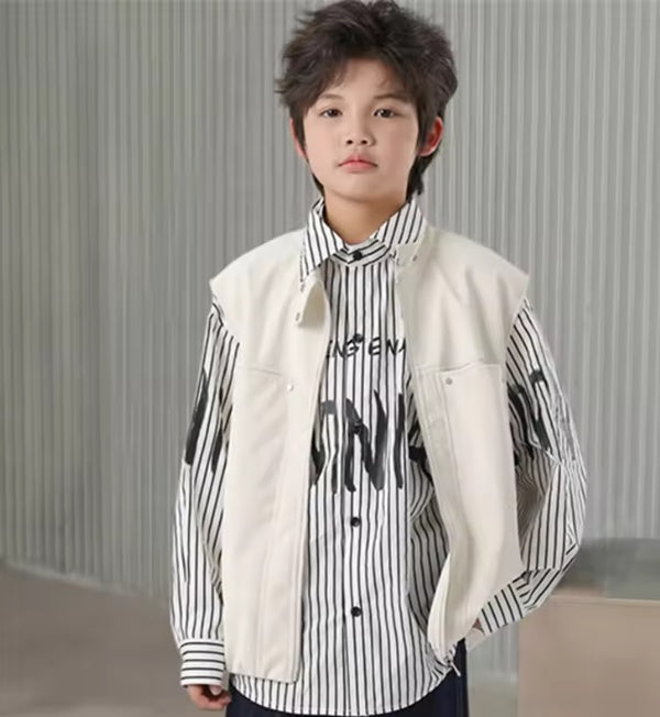 Boys' Casual Stand-Collar Zip-Up Faux Leather Vest – Layered Outwear Gilet