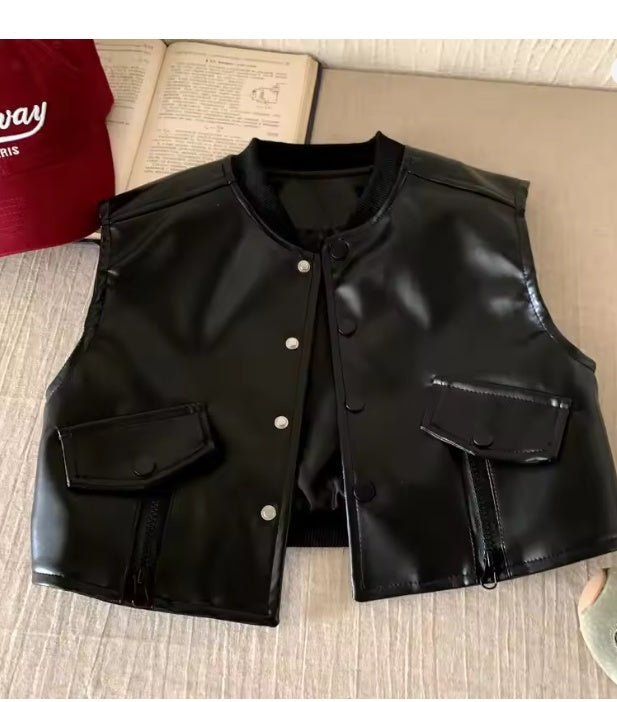 Women's Edgy Faux Leather Cropped Vest with Pockets – Black Biker Gilet