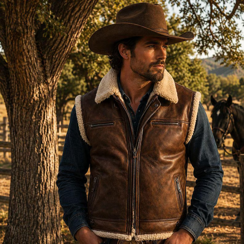 Men's Vintage Distressed Brown Leather Shearling Vest – Western Winter Fur-Lined Outerwear