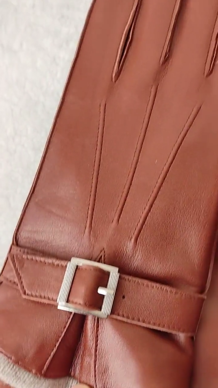 Women's Genuine Leather Winter Gloves with Strap & Buckle Detail, Cashmere-Blend Knit Cuff, and Size Options