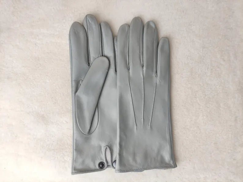 Classic Grey Leather Dress Gloves with Snap Closure