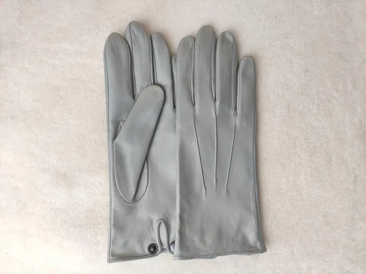Classic Grey Leather Dress Gloves with Snap Closure