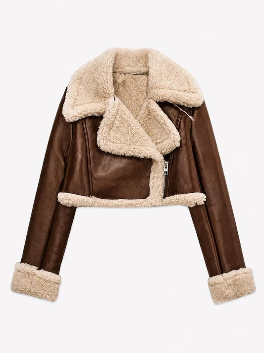Women's Cropped Faux Shearling-Trimmed Faux Leather Aviator Jacket
