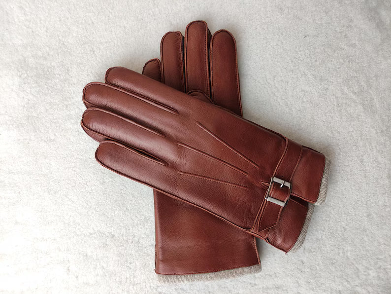 Women's Genuine Leather Winter Gloves with Strap & Buckle Detail, Cashmere-Blend Knit Cuff, and Size Options