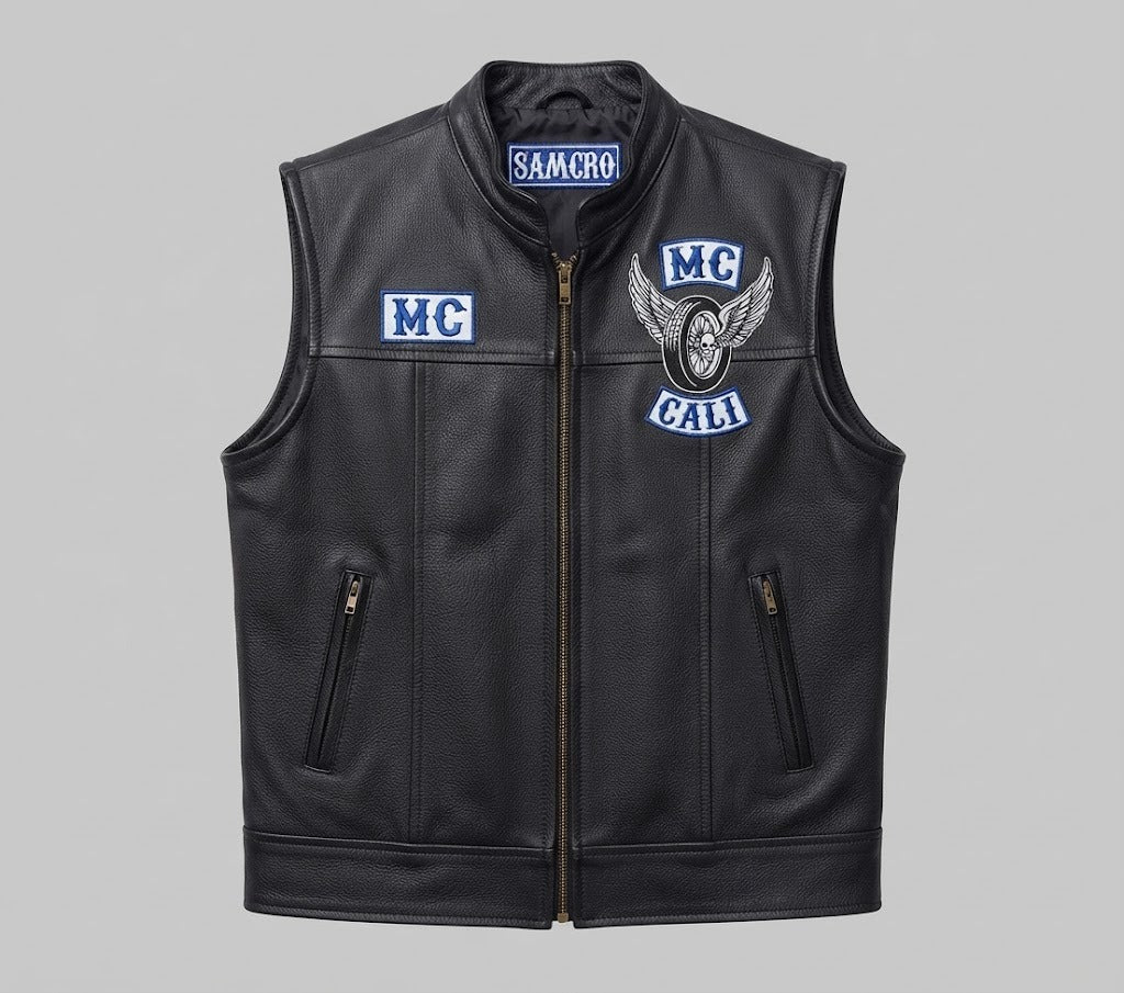 Men's Black Leather Motorcycle Vest with Sons of Anarchy & SAMCRO Patches