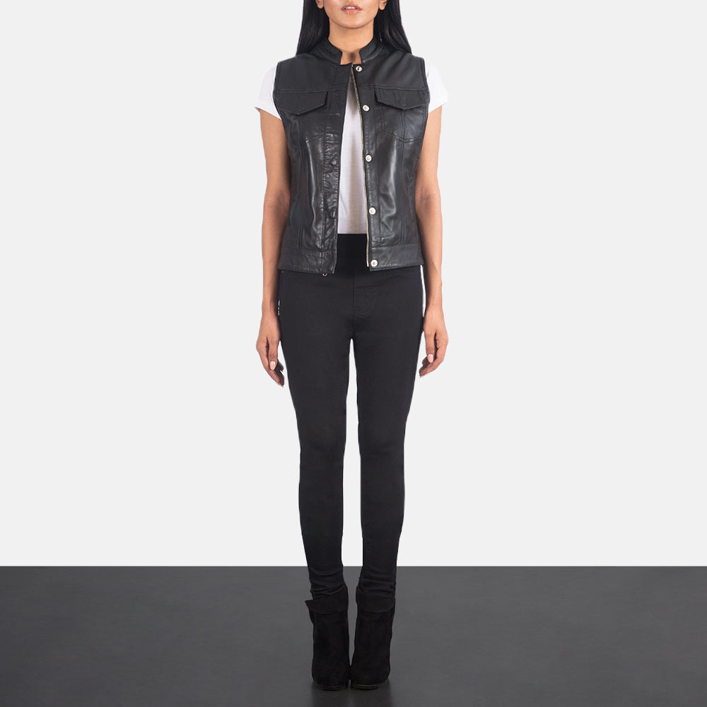 Women's Classic Black Leather Biker Vest with Snap-Tab Collar and Chest Pockets