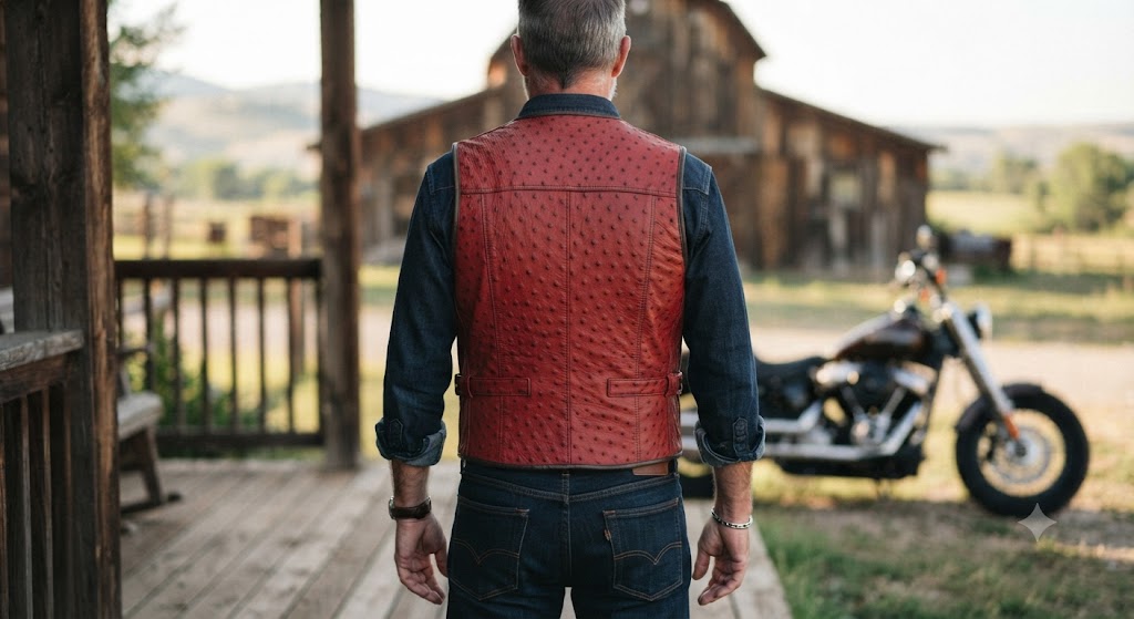 Rugged Americana: Crimson Ostrich-Leg Leather Vest & Denim Outfit
