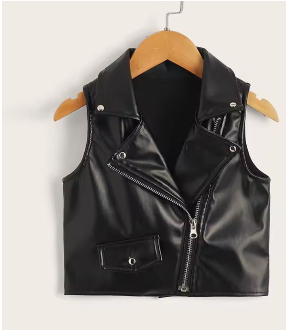 Girls Edgy Asymmetric Zipper PU Leather Biker VestKids Black Faux Leather Moto Vest with Lapel Collar and PocketsGirls Black PU Leather Sleeveless Biker Jacket