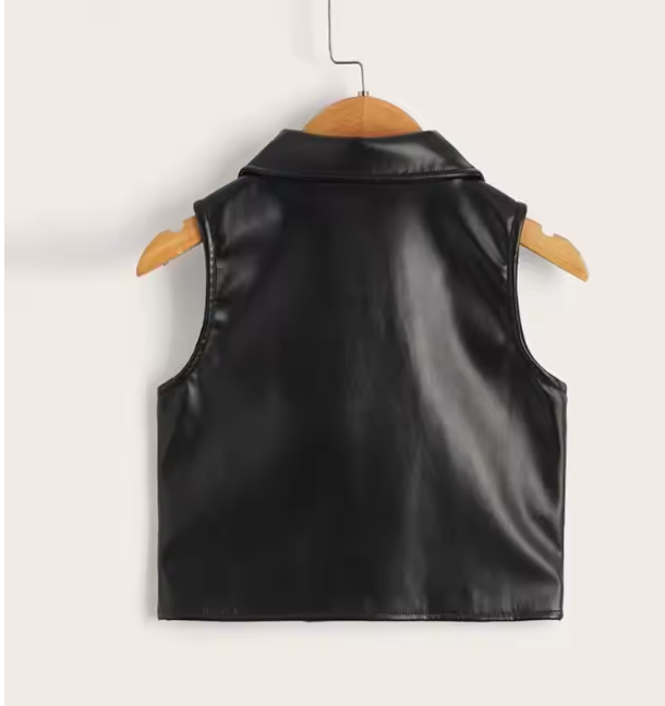 Girls Edgy Asymmetric Zipper PU Leather Biker VestKids Black Faux Leather Moto Vest with Lapel Collar and PocketsGirls Black PU Leather Sleeveless Biker Jacket