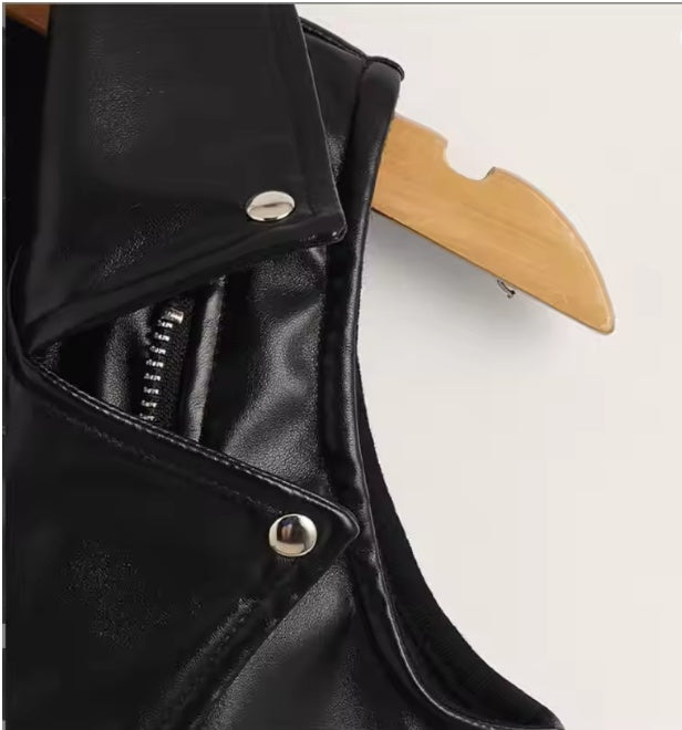 Girls Edgy Asymmetric Zipper PU Leather Biker VestKids Black Faux Leather Moto Vest with Lapel Collar and PocketsGirls Black PU Leather Sleeveless Biker Jacket