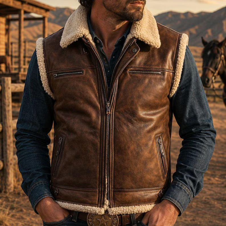 Men's Vintage Distressed Brown Leather Shearling Vest – Western Winter Fur-Lined Outerwear