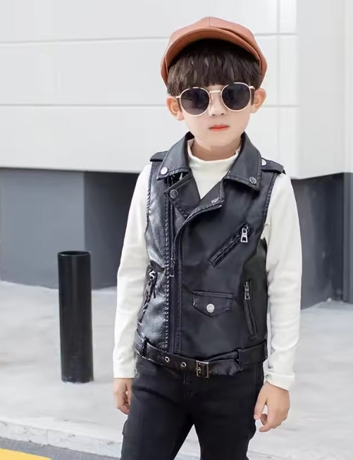 Stylish Boys' Faux Leather Biker Vest & Outfit Set