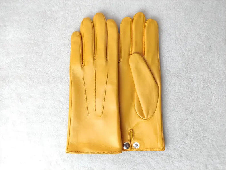 Elegant Mustard Yellow Leather Dress Gloves with Snap Closure