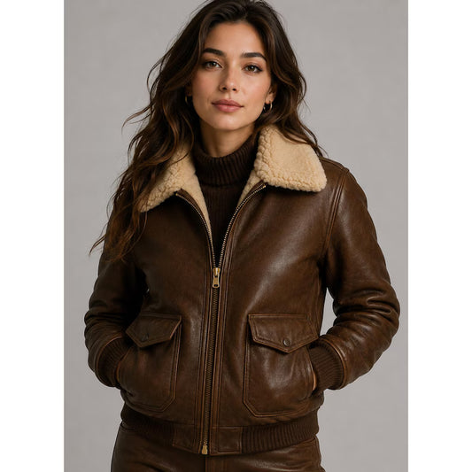 Title Women's Classic Brown Leather Flight Bomber Jacket with Faux Shearling Collar