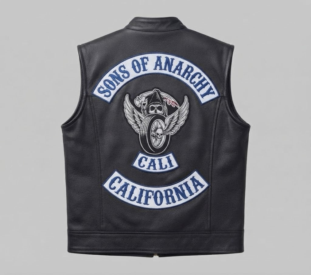 Men's Black Leather Motorcycle Vest with Sons of Anarchy & SAMCRO Patches