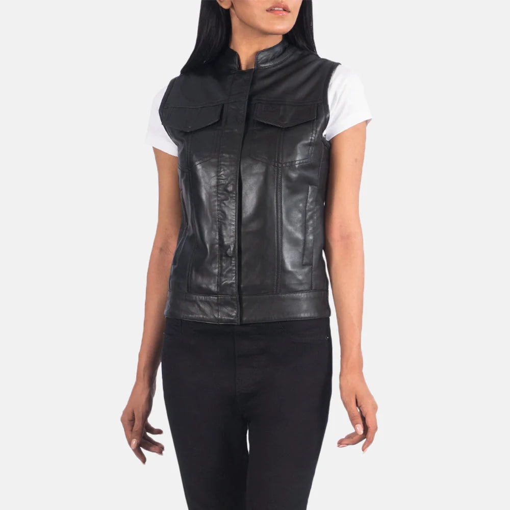 Women's Classic Black Leather Biker Vest with Snap-Tab Collar and Chest Pockets