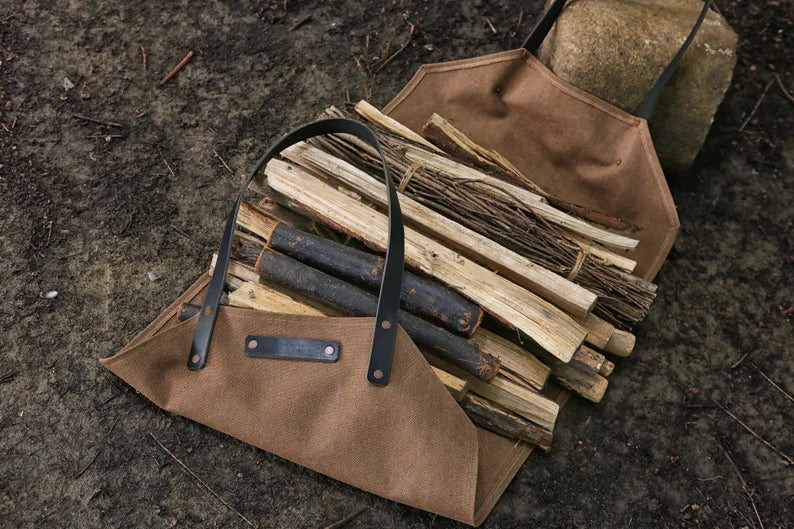 Heavy-Duty Waxed Canvas Firewood Log Carrier Tote Bag with Genuine Leather Handles