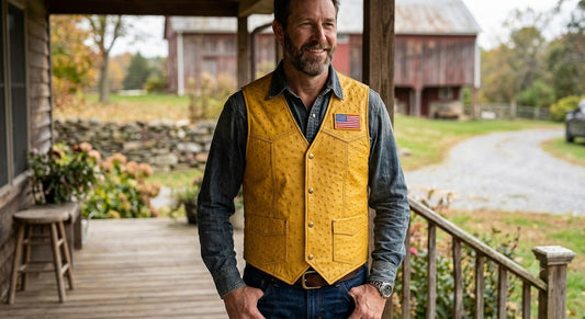Mustard Ostrich-Texture Leather Vest with American Flag Patch
