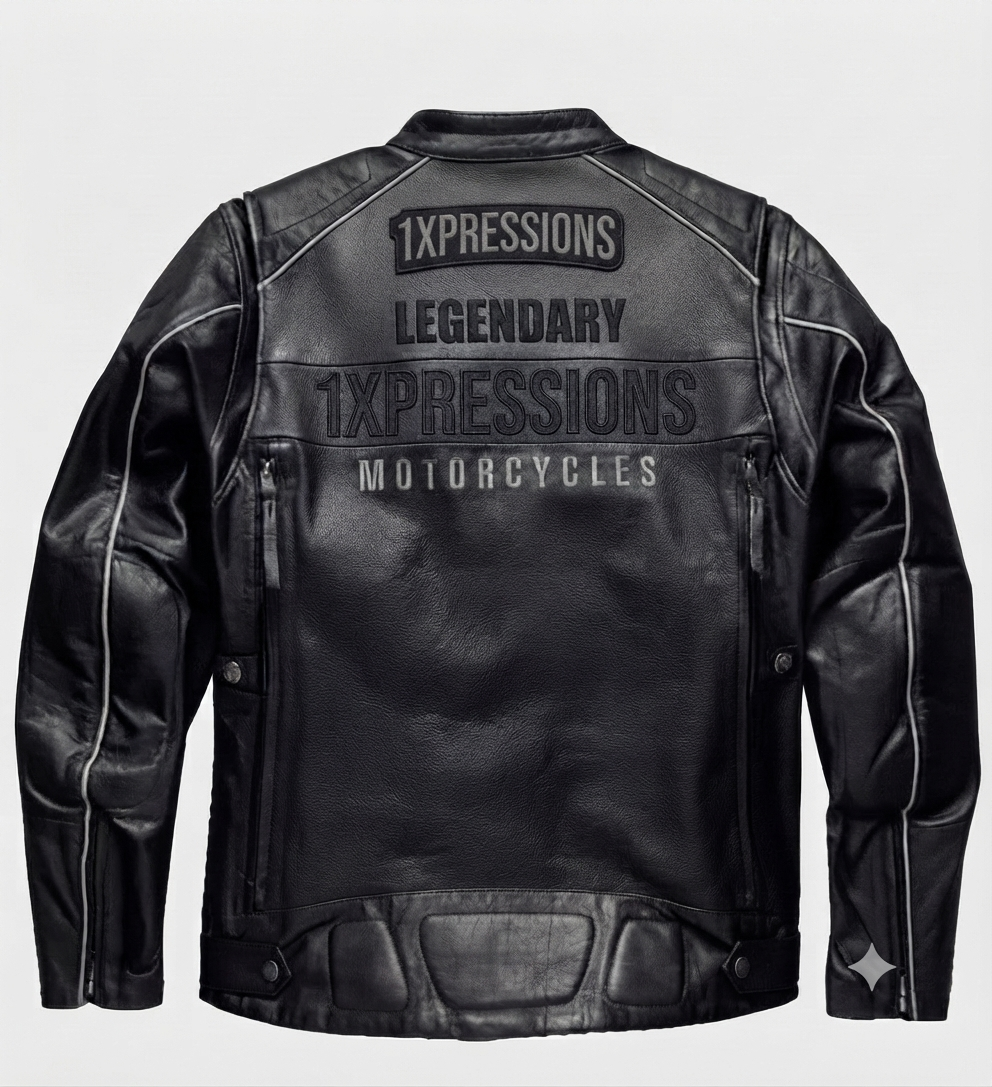 Men's Black Leather Biker Jacket - Vintage Motorcycle Riding Gear with "1XPRESSIONS LEGENDARY MOTORCYCLES" Back Patch & Racing Stripes