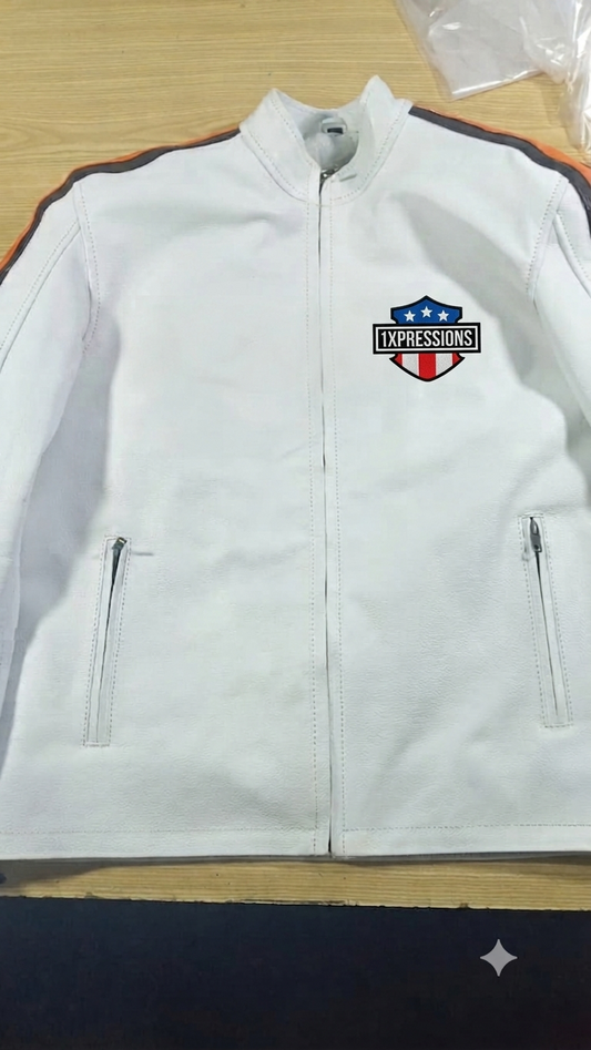 Custom White Leather "1XPRESSIONS" Biker Jacket