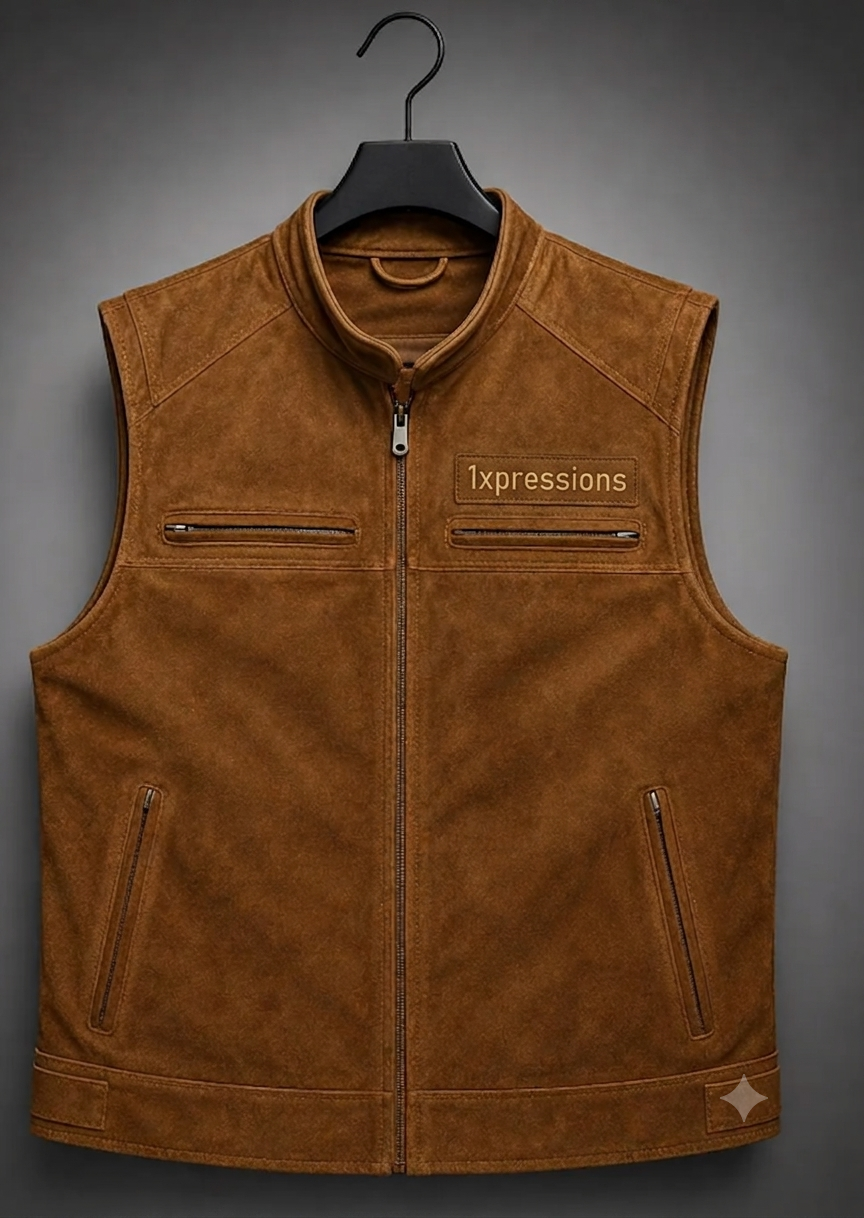 1Xpressions Men’s Premium Suede Moto Vest – Vintage Brown Cruiser Vest with Embossed Custom Branding