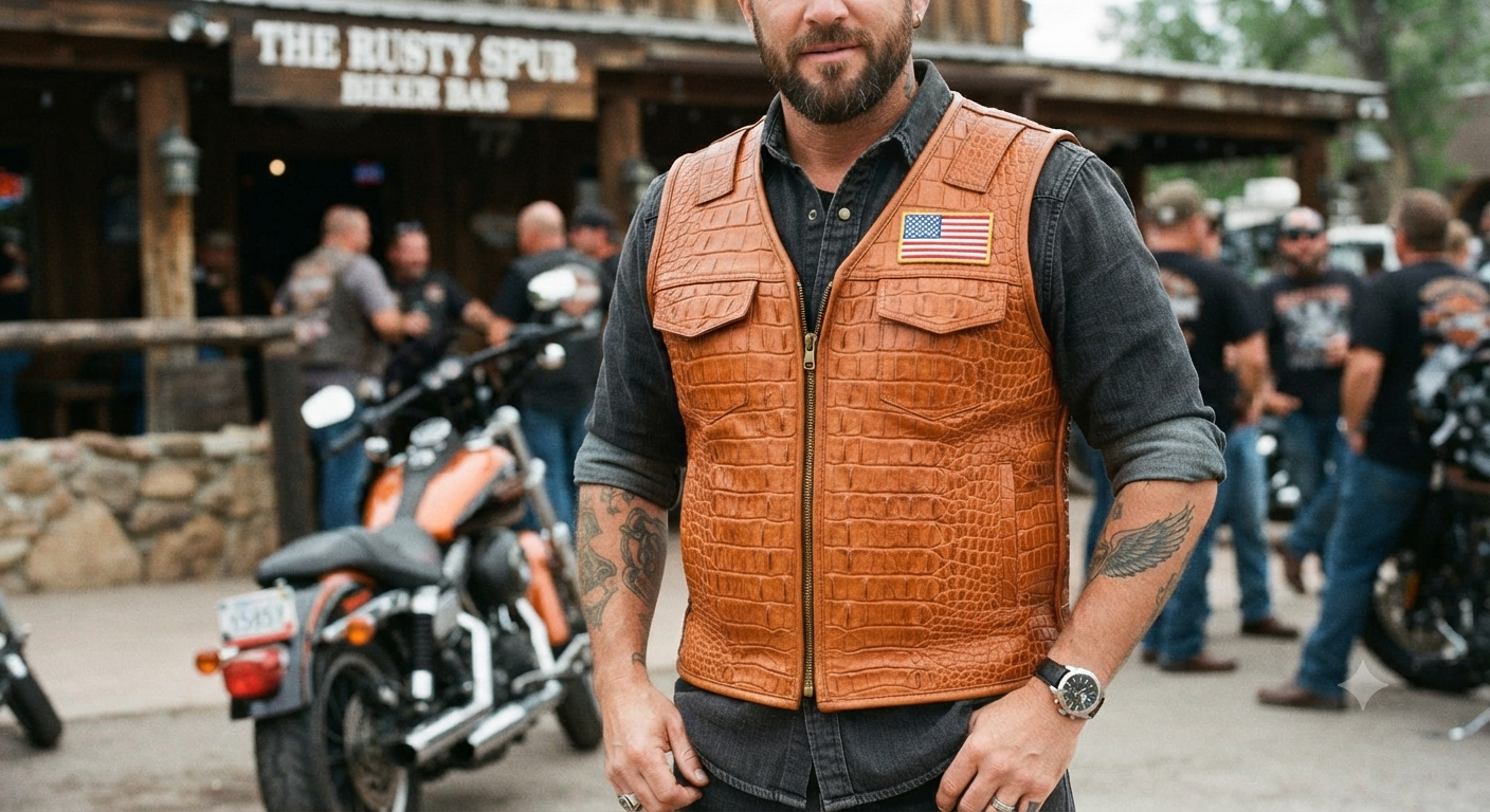 Rugged Tan Crocodile Leather Biker Vest